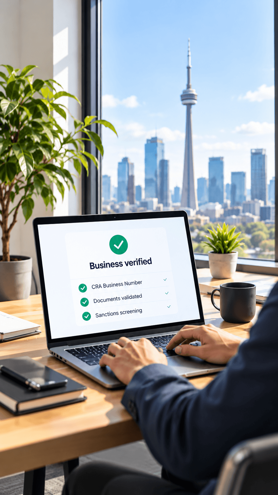 An employer reviewing a verified business profile showing CRA Business Number, document and sanctions checks