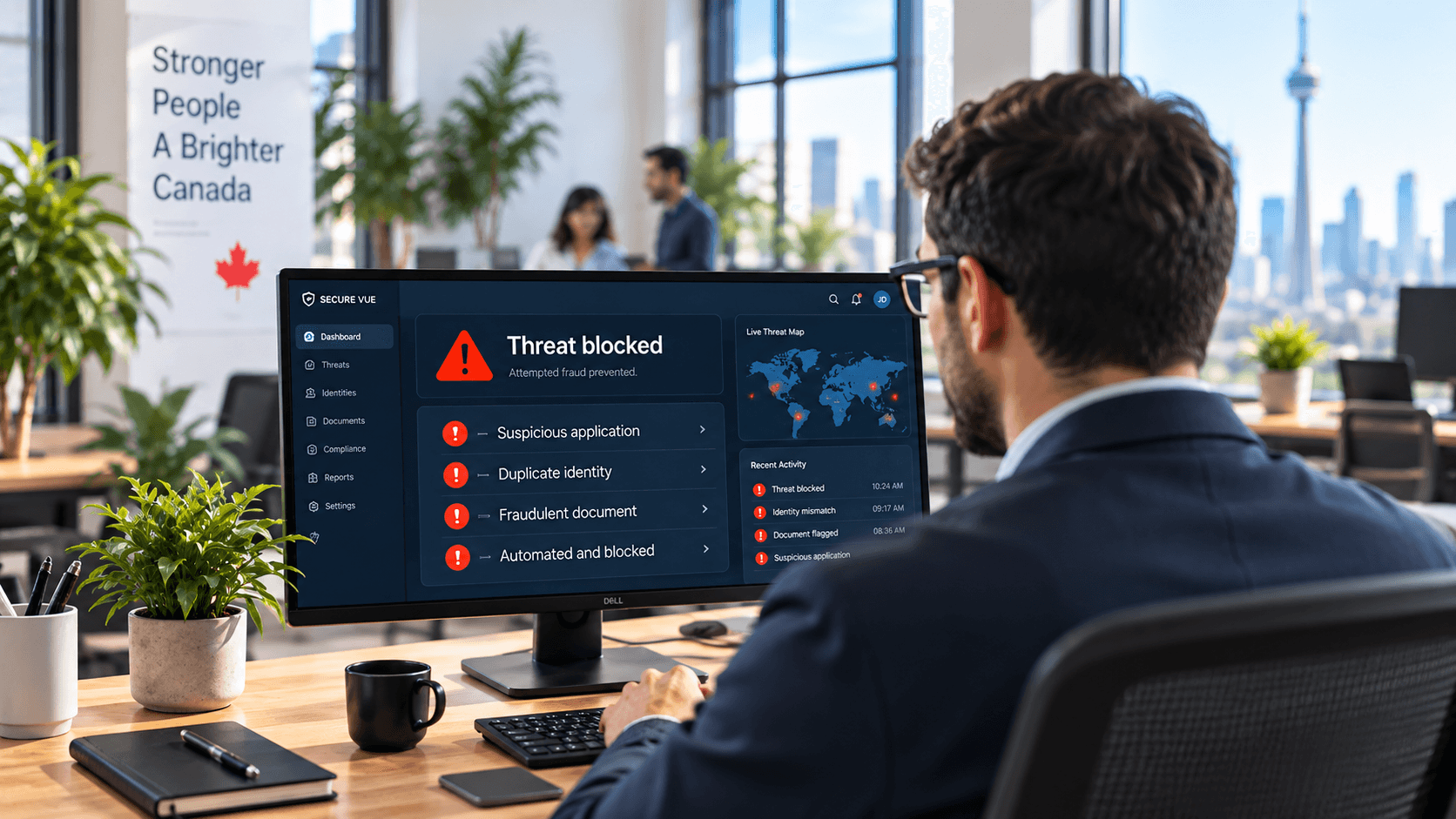 An analyst watching a fraud monitoring dashboard flag a blocked threat
