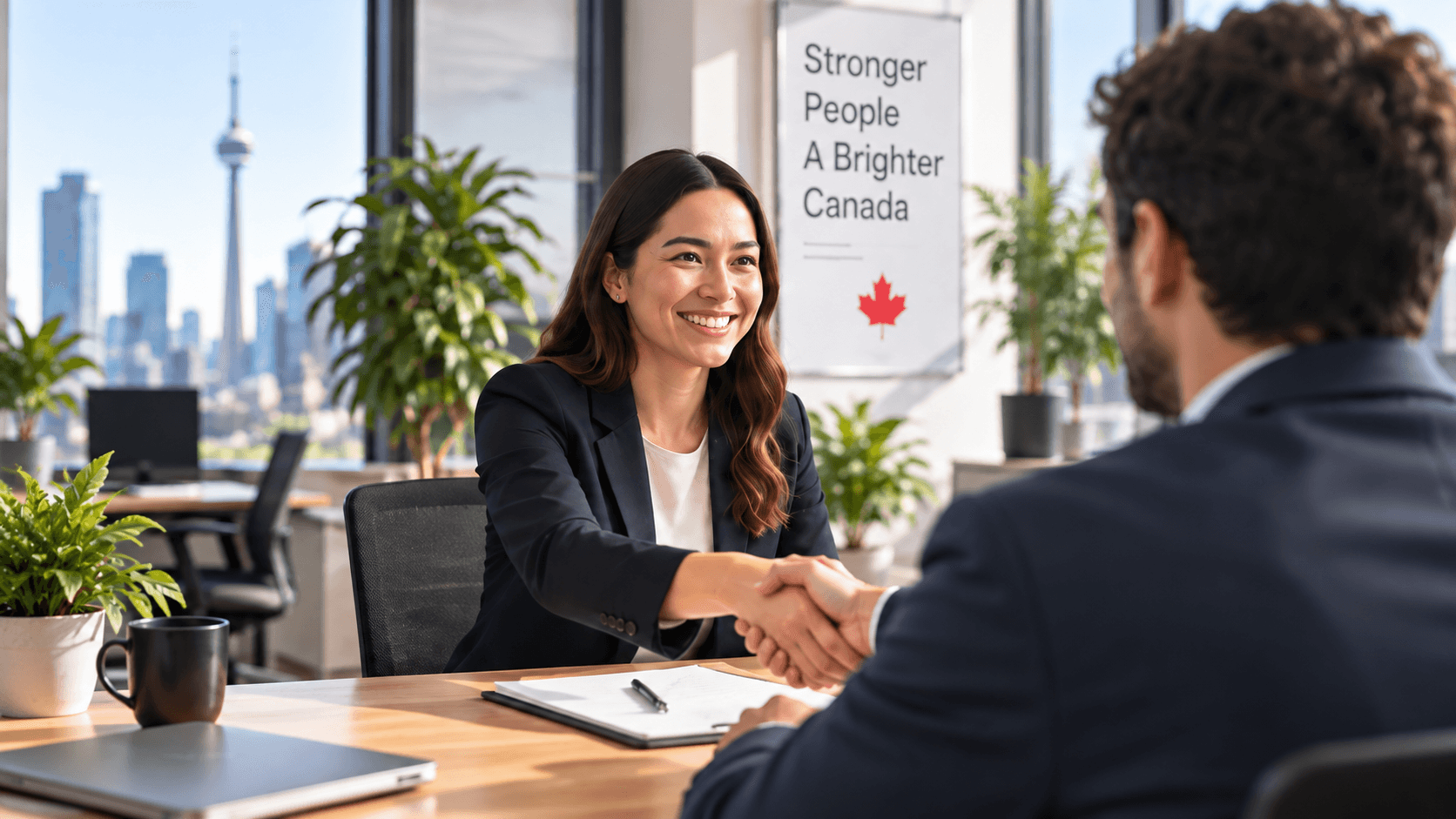 A candidate and an employer shaking hands across a desk in a Canadian office