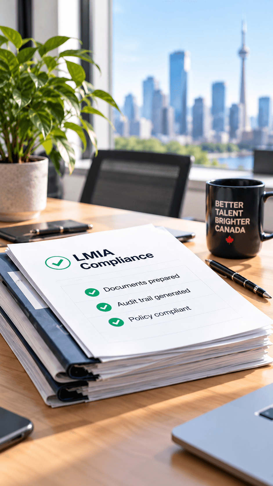 A prepared LMIA compliance document pack on a desk